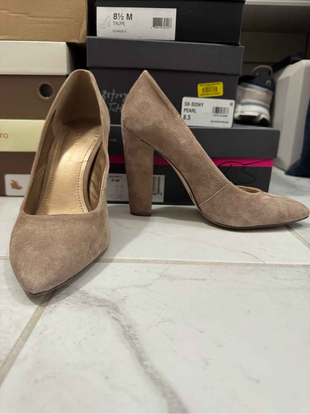 BCBGeneration Taupe Suede Block Heel Pumps
